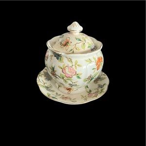 Vintage Ceramic Mustard Pot From Japan Signed MM. Pot Attached To Drip Plate.